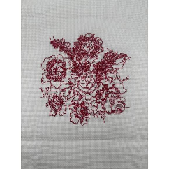 Vintage Hand Stitched Red on White Floral Cross Stitch Embroidery Complete - Picture 4 of 7